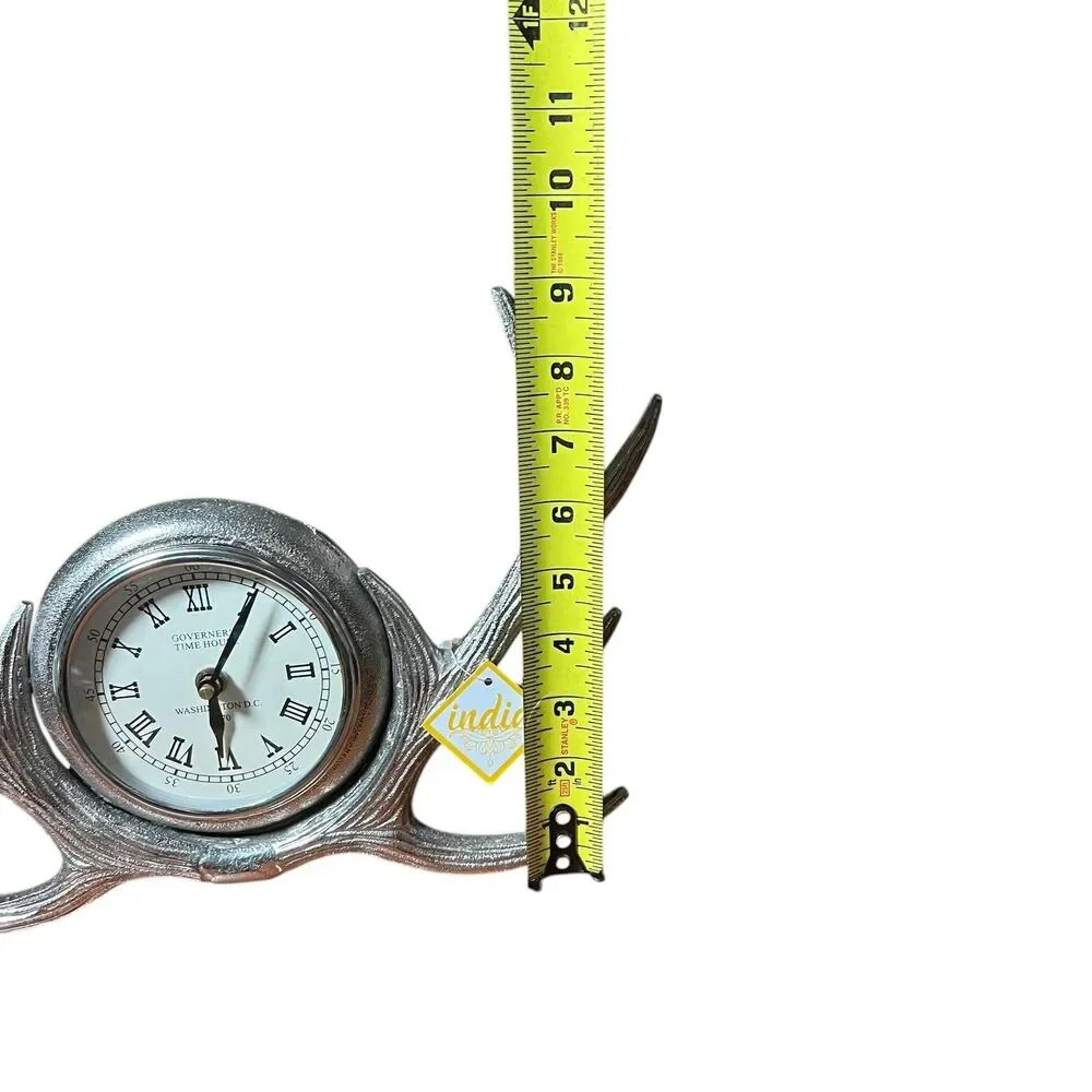 Governer's Time House Antler Mantel Clock Silver Metal Quartz Lodge Decor India